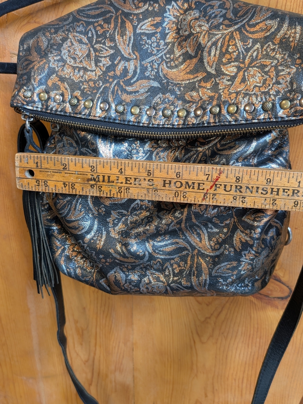 Patricia Nash Black and Bronze Floral Convertible Leather Backpack - Picture 4 of 7